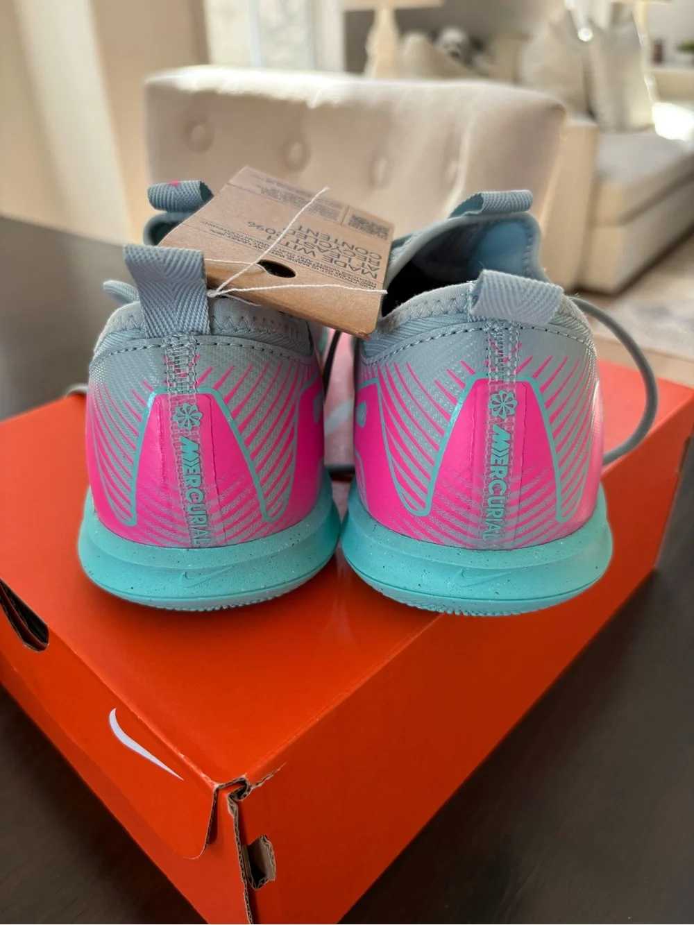 Nike kids Light blue indoor soccer shoes with Pink Accent